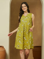 Thumbnail for Janasya Dark Cotton Abstract A-Line Dress