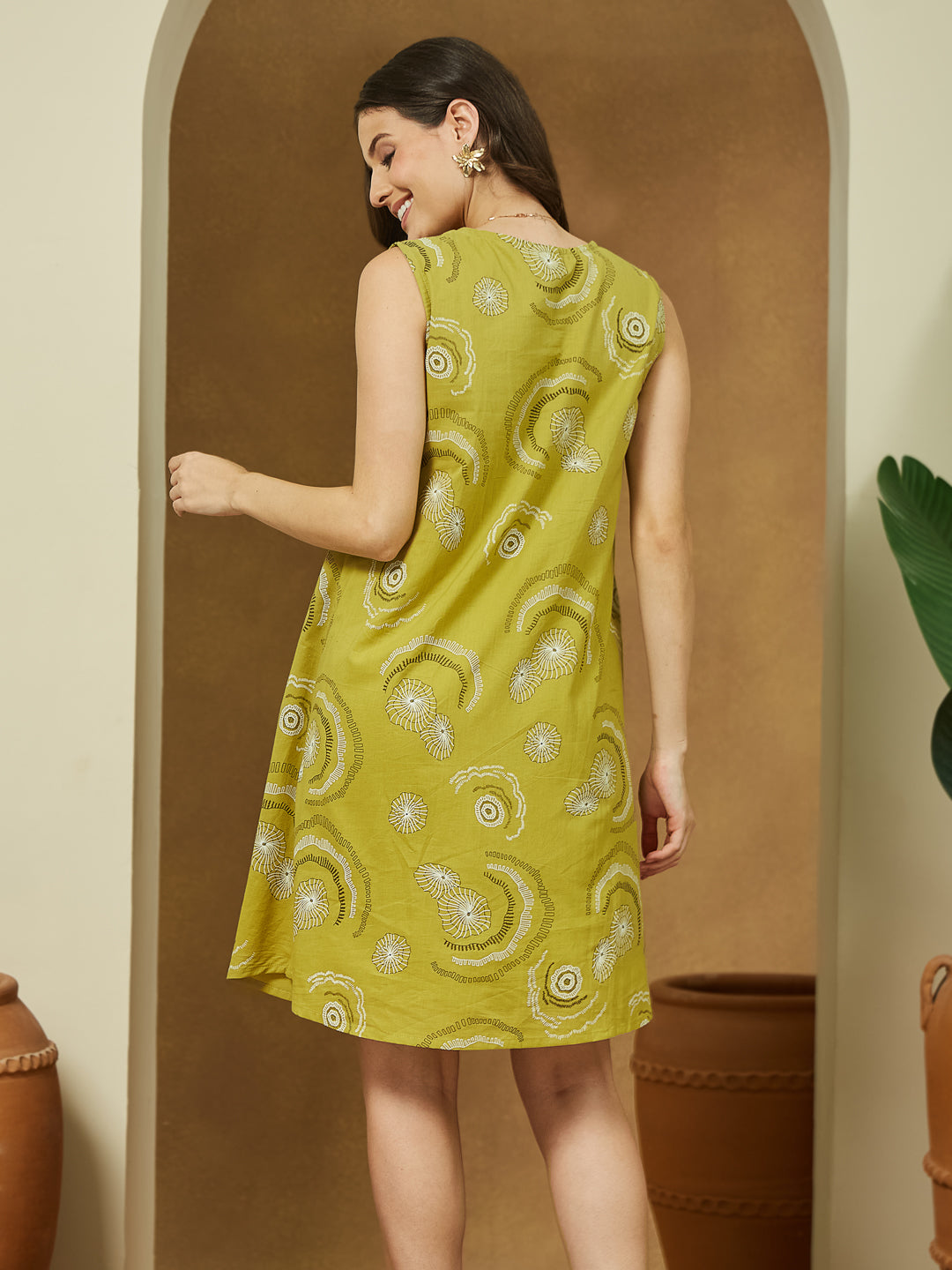 Janasya Dark Cotton Abstract A-Line Dress
