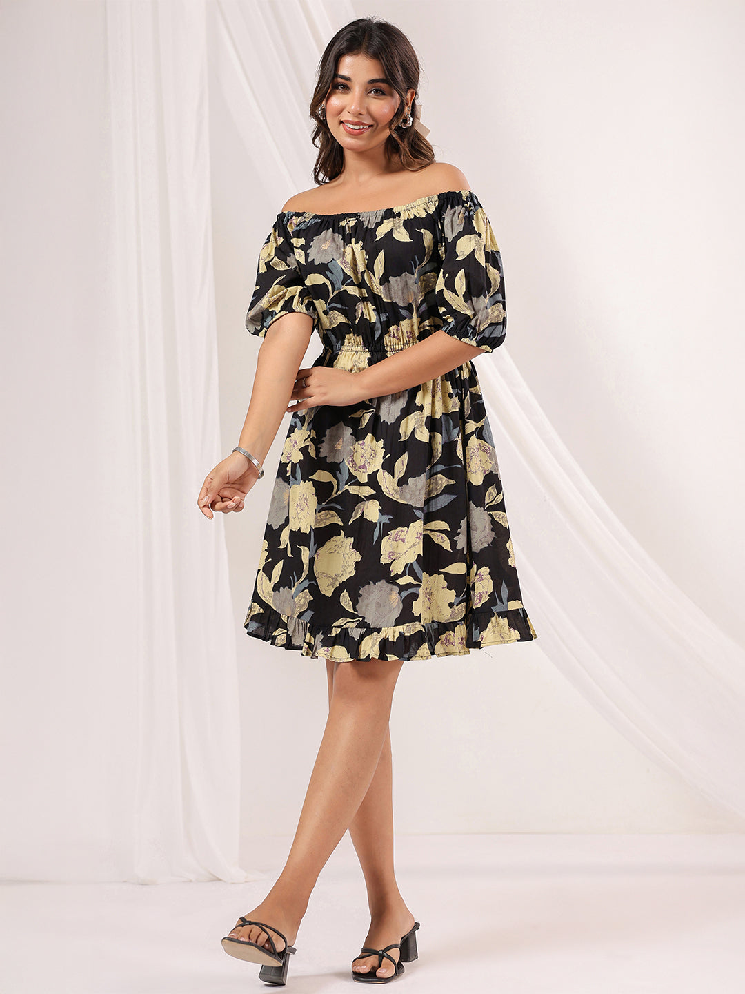 Janasya Dark Cotton Floral A-Line Dress
