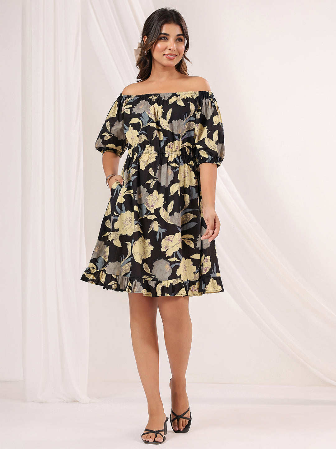 Janasya Dark Cotton Floral A-Line Dress