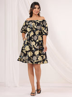 Thumbnail for Janasya Dark Cotton Floral A-Line Dress