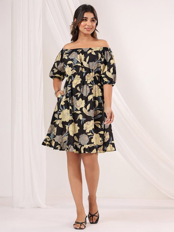 Janasya Dark Cotton Floral A-Line Dress
