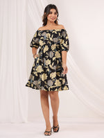 Thumbnail for Janasya Dark Cotton Floral A-Line Dress