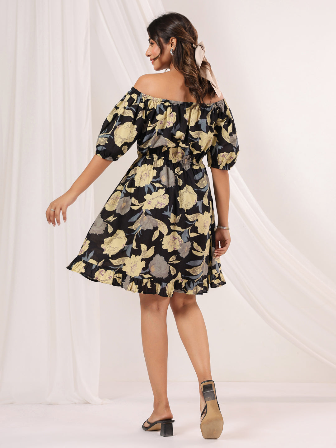 Janasya Dark Cotton Floral A-Line Dress