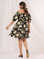 Thumbnail for Janasya Dark Cotton Floral A-Line Dress