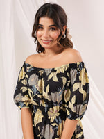 Thumbnail for Janasya Dark Cotton Floral A-Line Dress