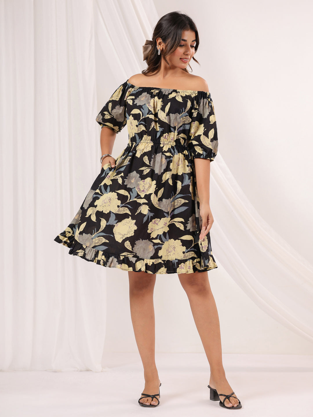 Janasya Dark Cotton Floral A-Line Dress