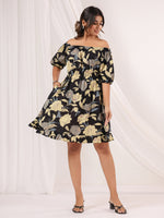 Thumbnail for Janasya Dark Cotton Floral A-Line Dress