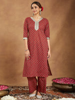 Thumbnail for Janasya Dark Cotton Floral Straight Kurta Set
