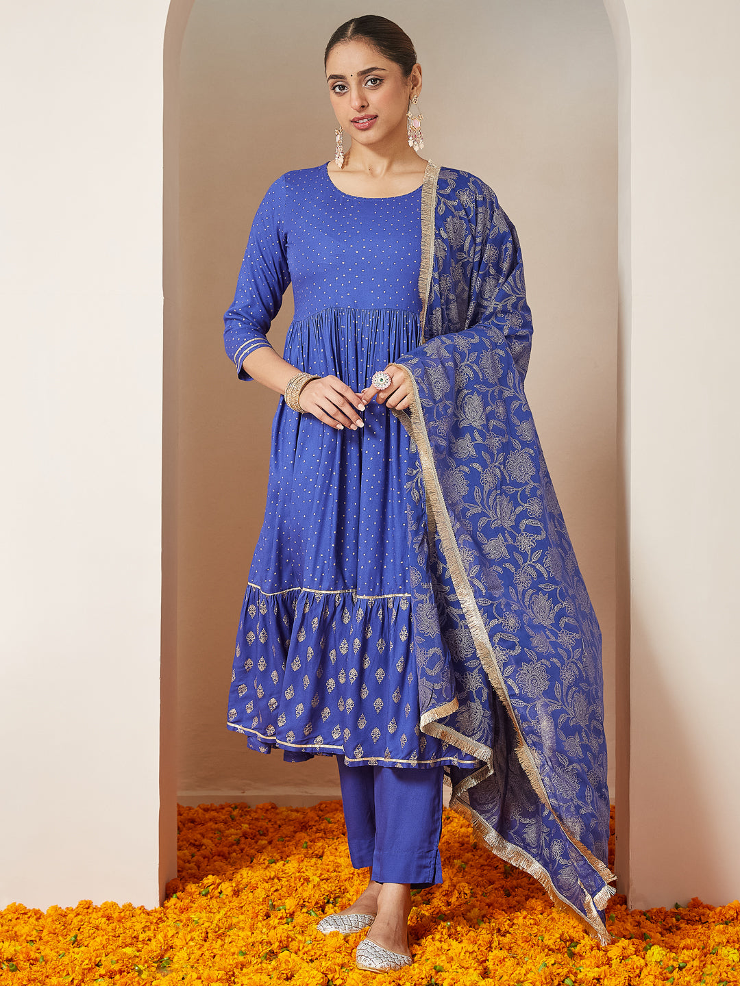 Janasya Dark Cotton Foil Print A-Line Kurta Set