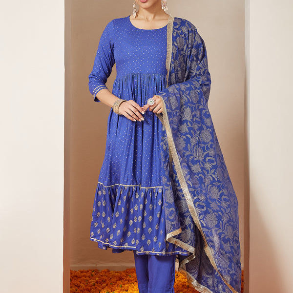 Janasya Dark Cotton Foil Print A-Line Kurta Set