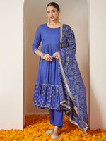 Thumbnail for Janasya Dark Cotton Foil Print A-Line Kurta Set