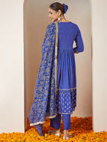 Thumbnail for Janasya Dark Cotton Foil Print A-Line Kurta Set