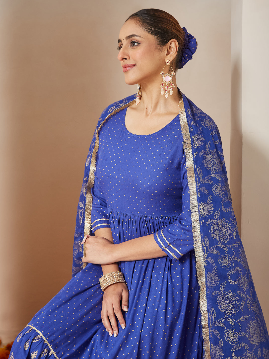 Janasya Dark Cotton Foil Print A-Line Kurta Set