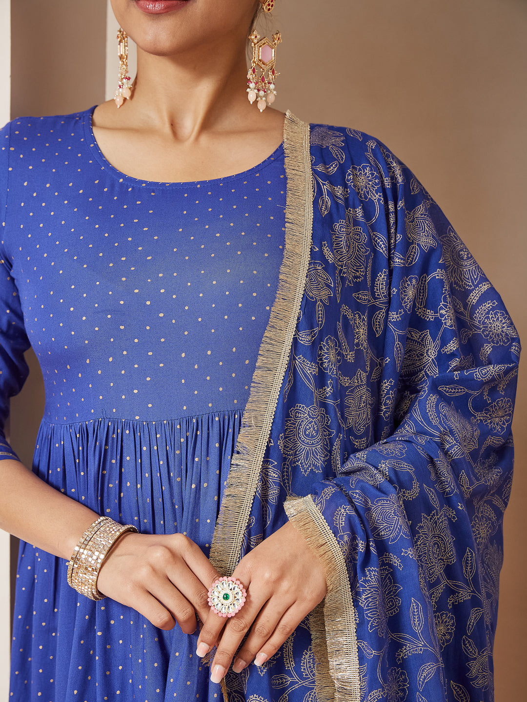 Janasya Dark Cotton Foil Print A-Line Kurta Set
