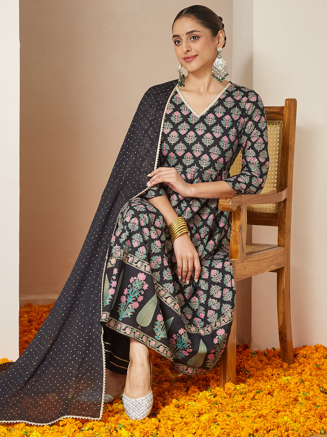 Janasya Dark Rayon Ethnic Motifs A-Line Kurta Set