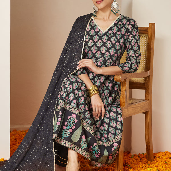 Janasya Dark Rayon Ethnic Motifs A-Line Kurta Set