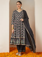 Thumbnail for Janasya Dark Rayon Ethnic Motifs A-Line Kurta Set