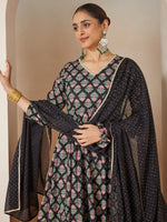 Thumbnail for Janasya Dark Rayon Ethnic Motifs A-Line Kurta Set