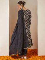 Thumbnail for Janasya Dark Rayon Ethnic Motifs A-Line Kurta Set