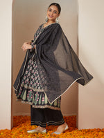 Thumbnail for Janasya Dark Rayon Ethnic Motifs A-Line Kurta Set