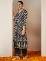 Thumbnail for Janasya Dark Rayon Ethnic Motifs A-Line Kurta Set