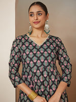 Thumbnail for Janasya Dark Rayon Ethnic Motifs A-Line Kurta Set