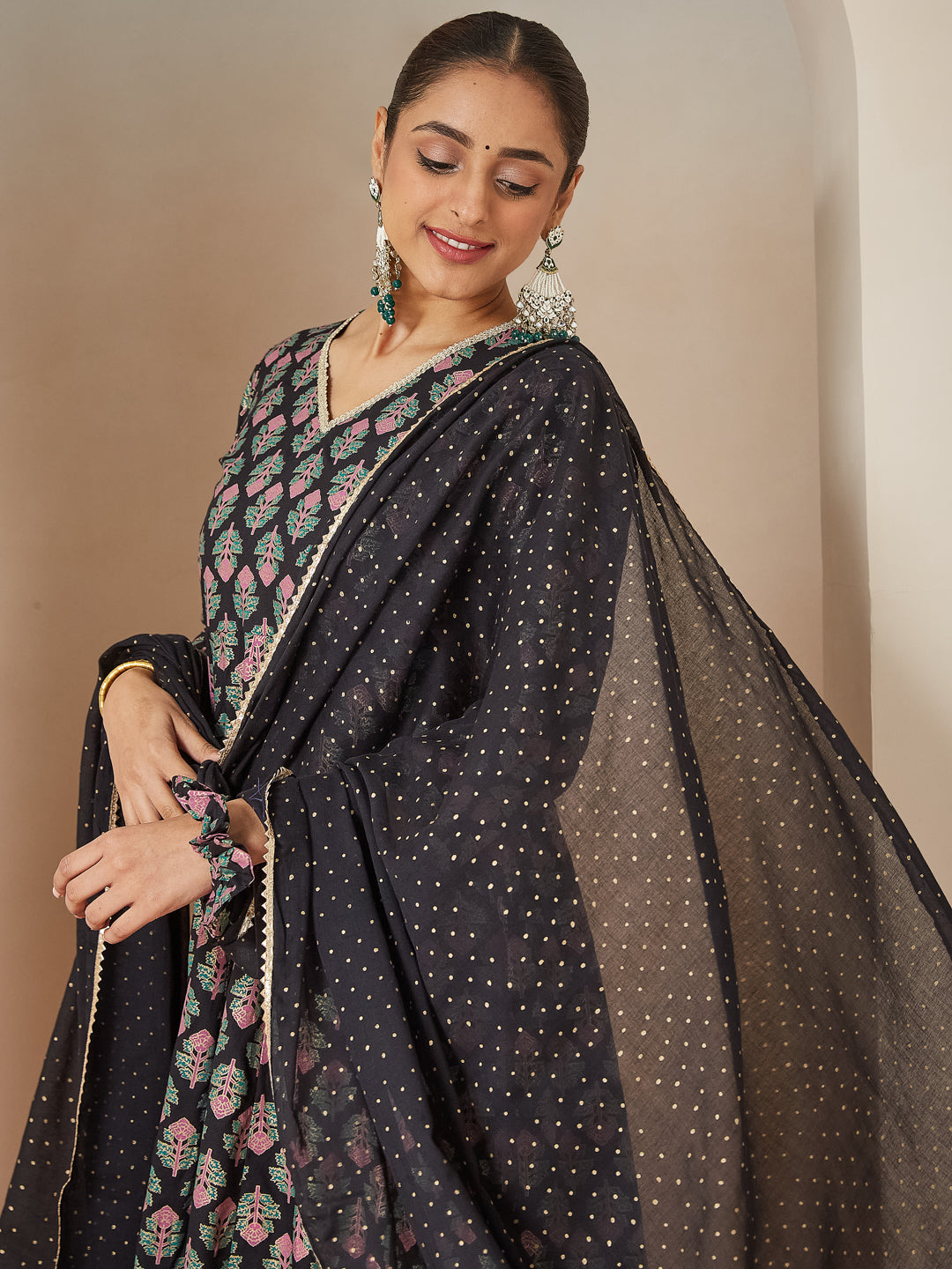 Janasya Dark Rayon Ethnic Motifs A-Line Kurta Set