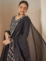 Thumbnail for Janasya Dark Rayon Ethnic Motifs A-Line Kurta Set