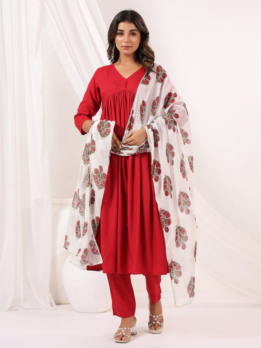 Janasya Dark Rayon Embellished A-Line Kurta Set