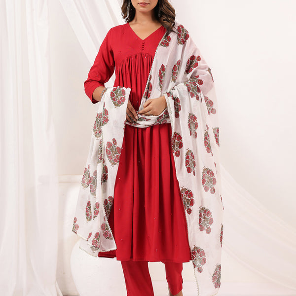 Janasya Dark Rayon Embellished A-Line Kurta Set