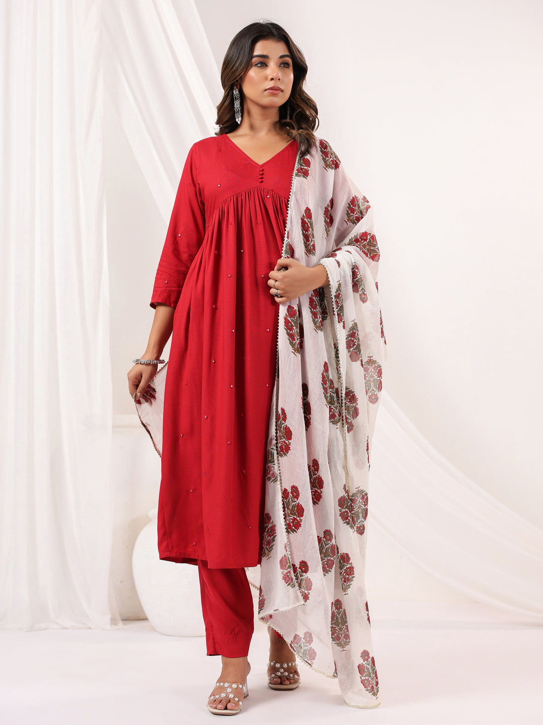Janasya Dark Rayon Embellished A-Line Kurta Set