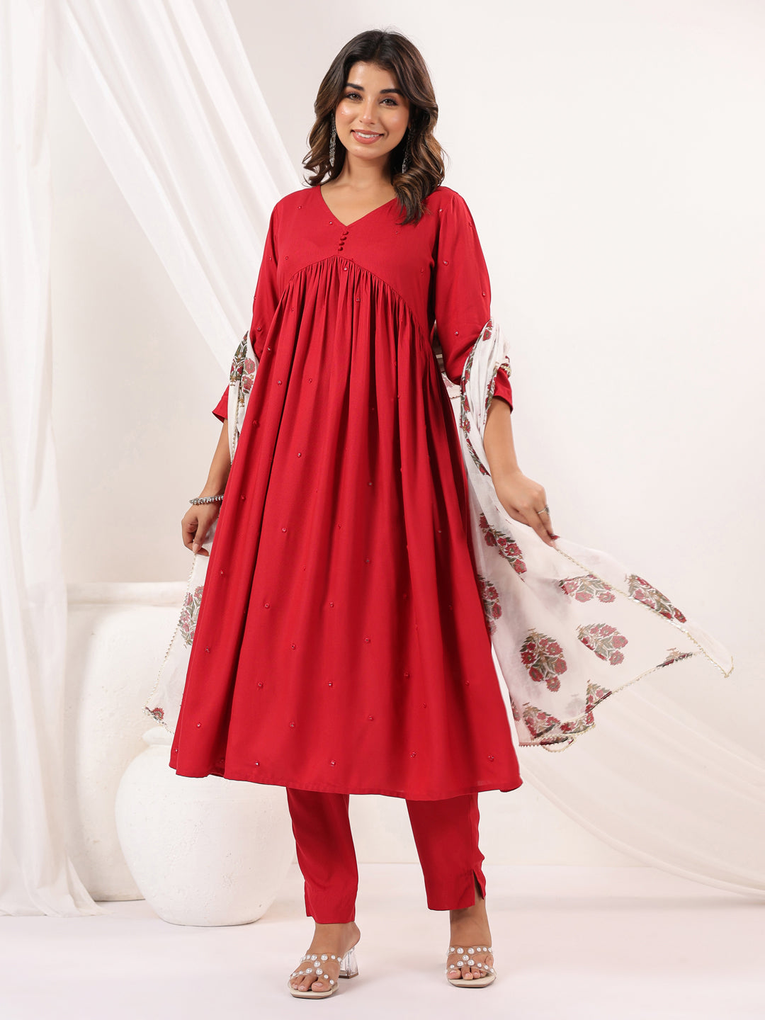 Janasya Dark Rayon Embellished A-Line Kurta Set