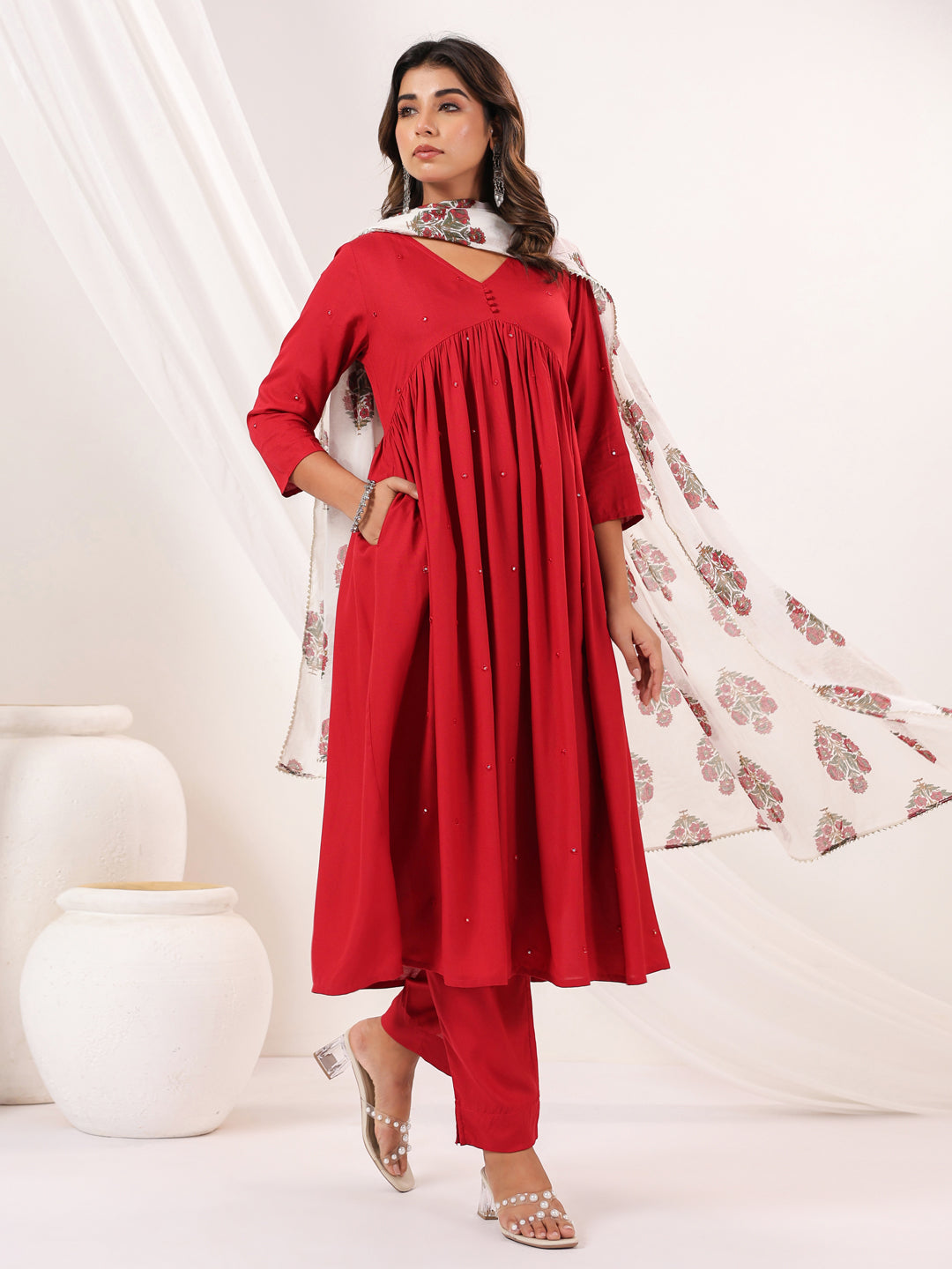 Janasya Dark Rayon Embellished A-Line Kurta Set