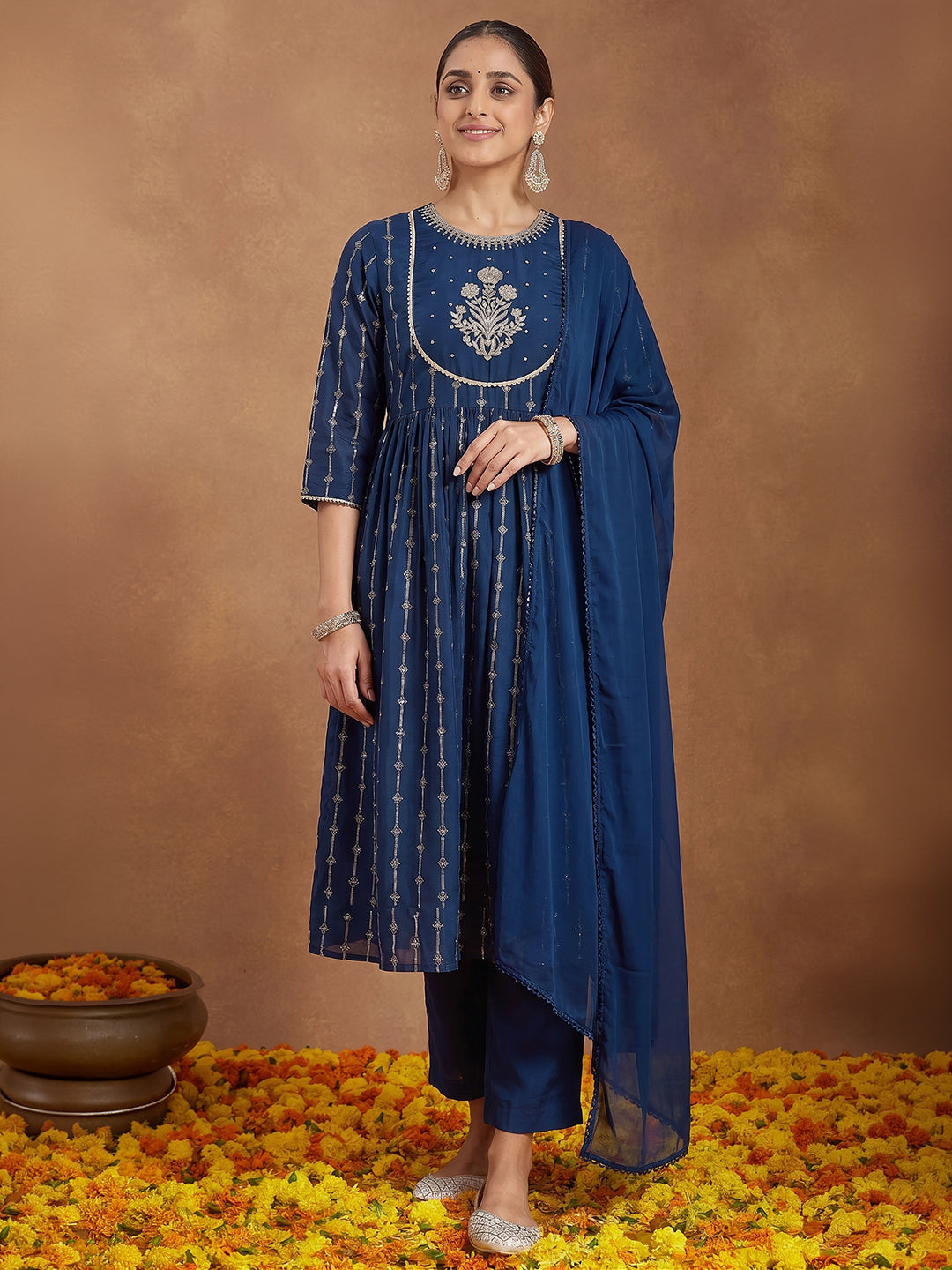 Janasya Teal A-Line Muslin Kurta,Bottom & Dupatta - Dista