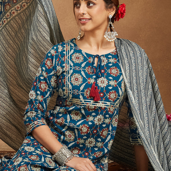 Janasya Bright Cotton Floral Straight Kurta Set