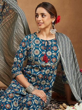 Janasya Bright Cotton Floral Straight Kurta Set