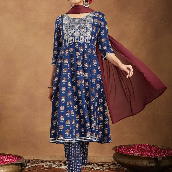Janasya Dark Cotton Floral Anarkali Kurta Set