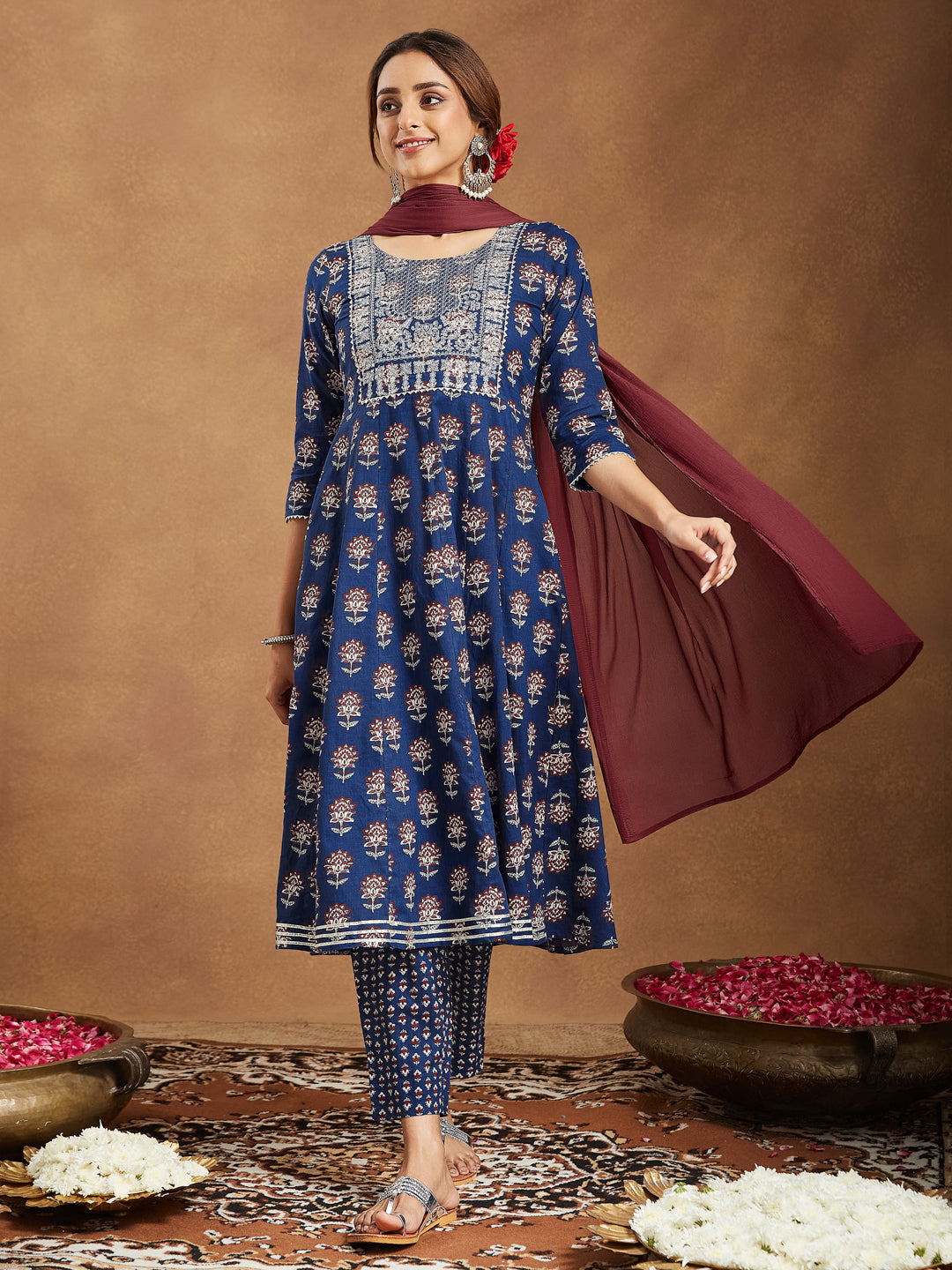Janasya Dark Cotton Floral Anarkali Kurta Set - Distacart