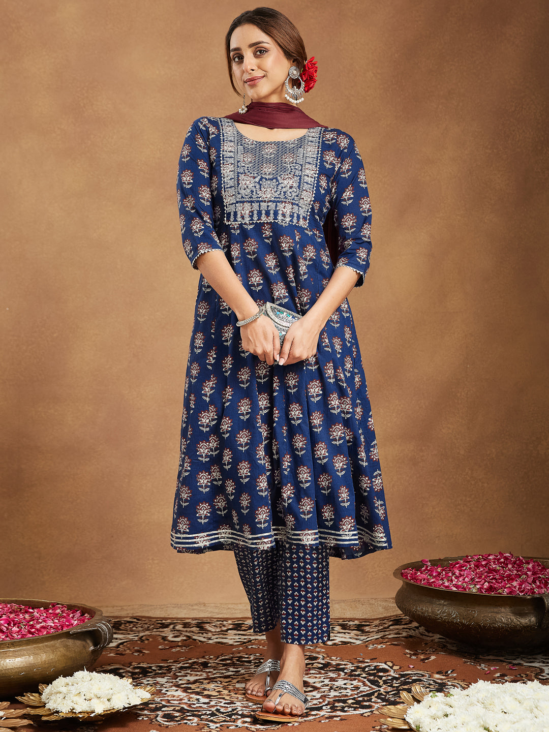 Janasya Dark Cotton Floral Anarkali Kurta Set