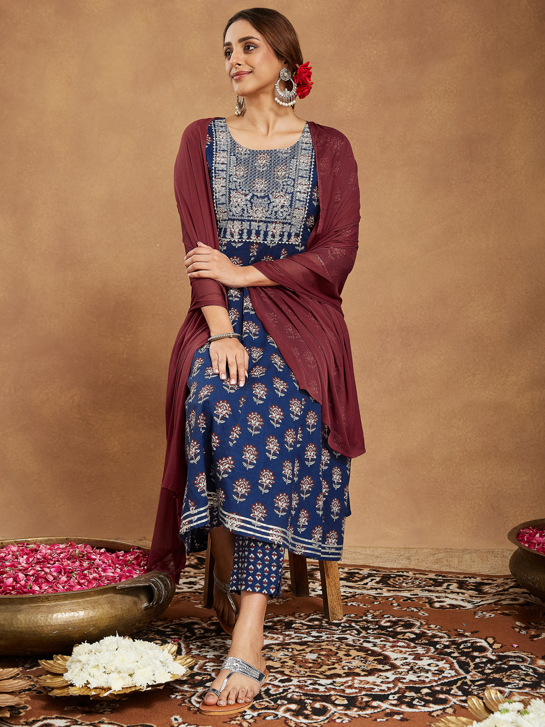 Janasya Dark Cotton Floral Anarkali Kurta Set