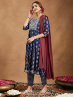 Thumbnail for Janasya Dark Cotton Floral Anarkali Kurta Set