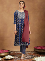 Thumbnail for Janasya Dark Cotton Floral Anarkali Kurta Set