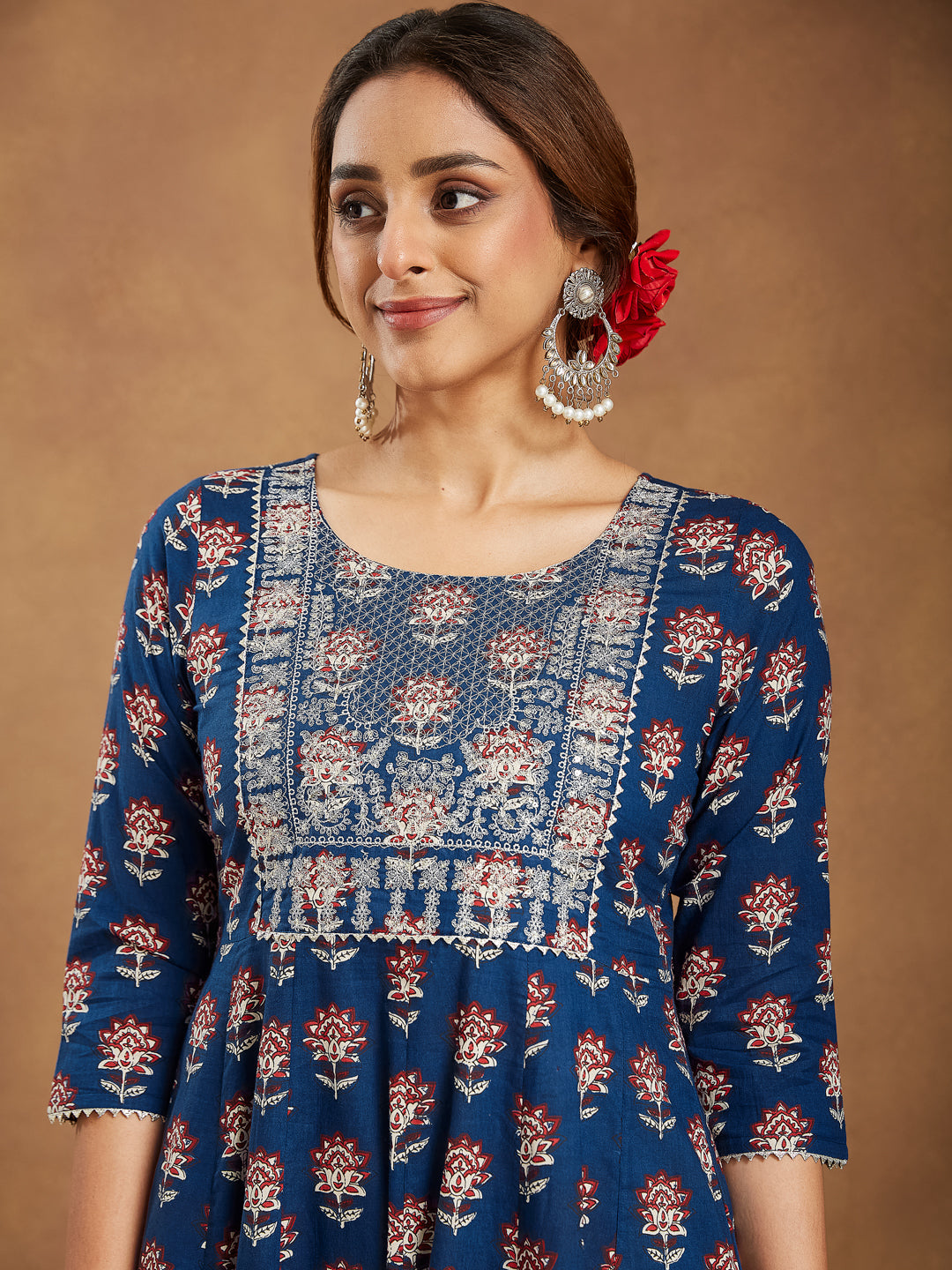 Janasya Dark Cotton Floral Anarkali Kurta Set