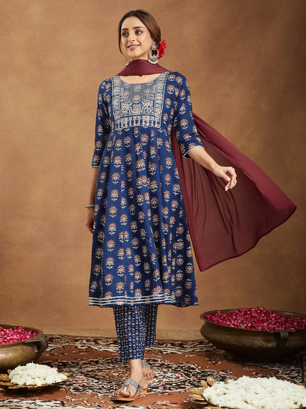 Janasya Dark Cotton Floral Anarkali Kurta Set