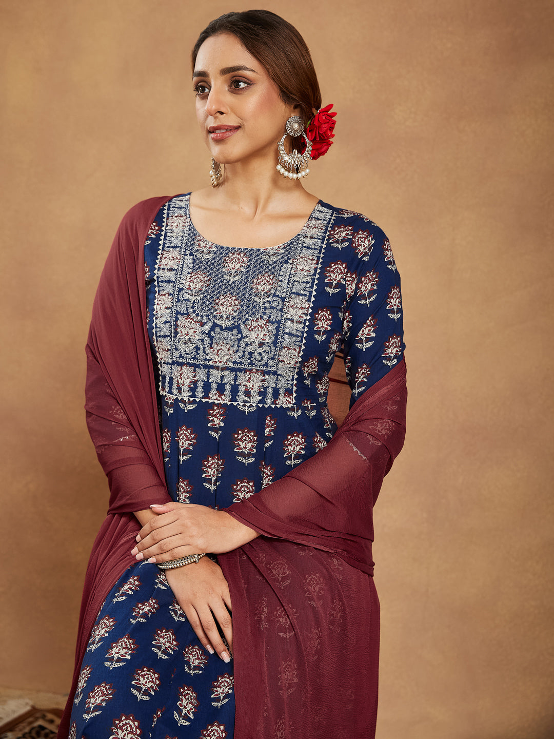 Janasya Dark Cotton Floral Anarkali Kurta Set