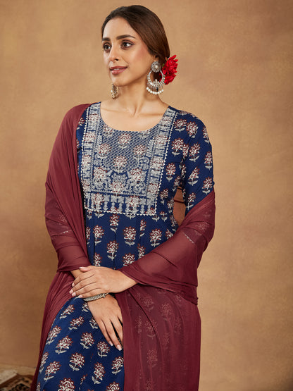 Janasya Dark Cotton Floral Anarkali Kurta Set - Distacart