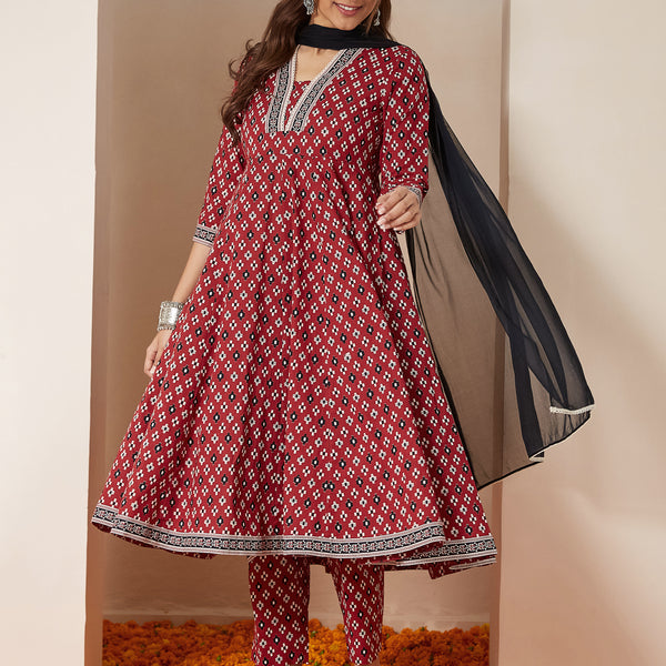Janasya Dark Cotton Ikkat Anarkali Kurta Set