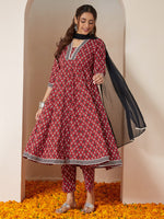 Thumbnail for Janasya Dark Cotton Ikkat Anarkali Kurta Set