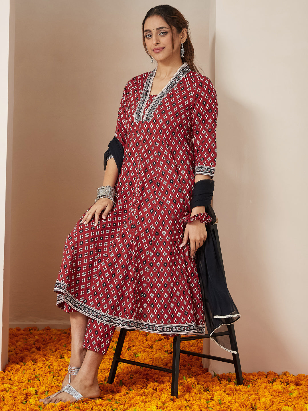 Janasya Dark Cotton Ikkat Anarkali Kurta Set - Distacart